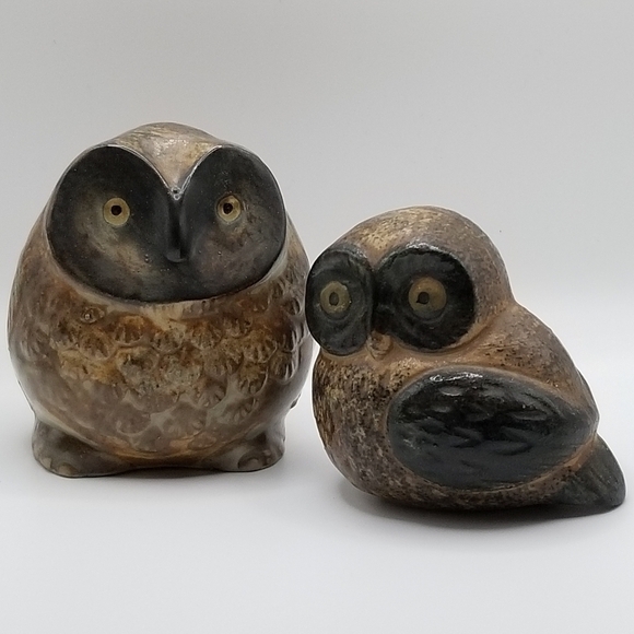 Vintage Owl Collection Otagiri Stoneware Bronze Pair Cryptomeria Wood Figurine - Picture 6 of 16